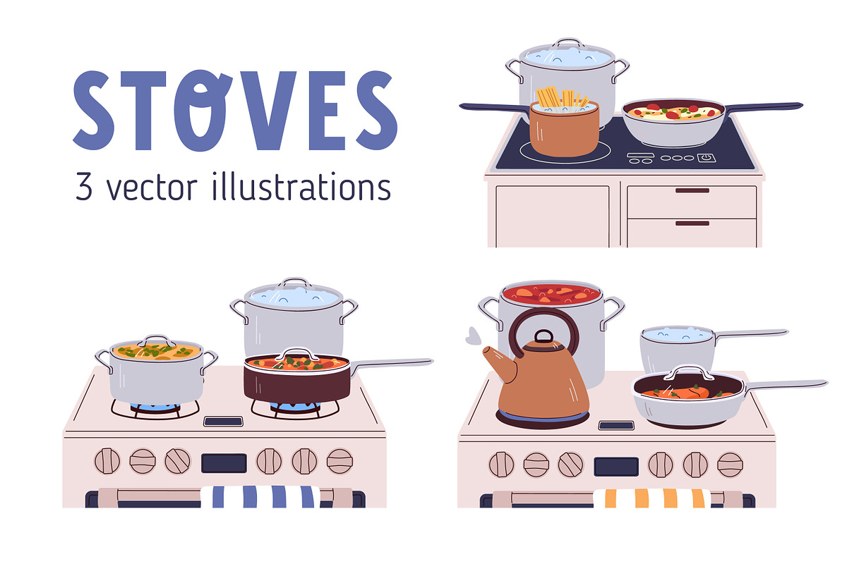 Stoves with pans and pots set, a Food Illustration by Good Studio (Photo 1 of 4)