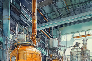 A modern industrial facility featuring large, transparent tanks filled with a g, a Technology Illustration by Textures & Backgrounds