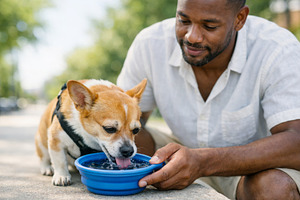 Man helping corgi drink water from b, a Photo by Dvoevnore photos