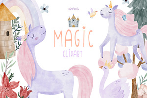 Watercolor magic unicorn clipart PNG