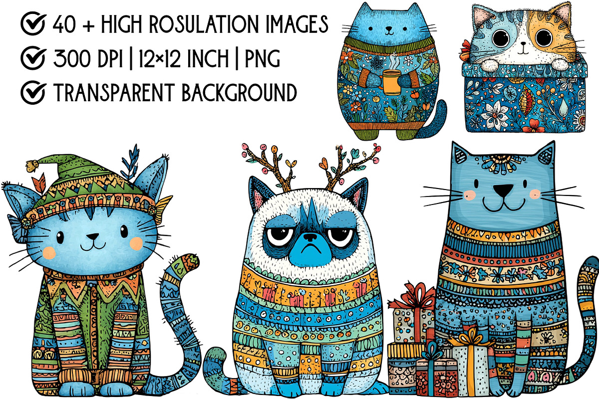 Quirky Christmas Cat Clipart, an Illustration by Pixels.Craft (Photo 4 of 6)