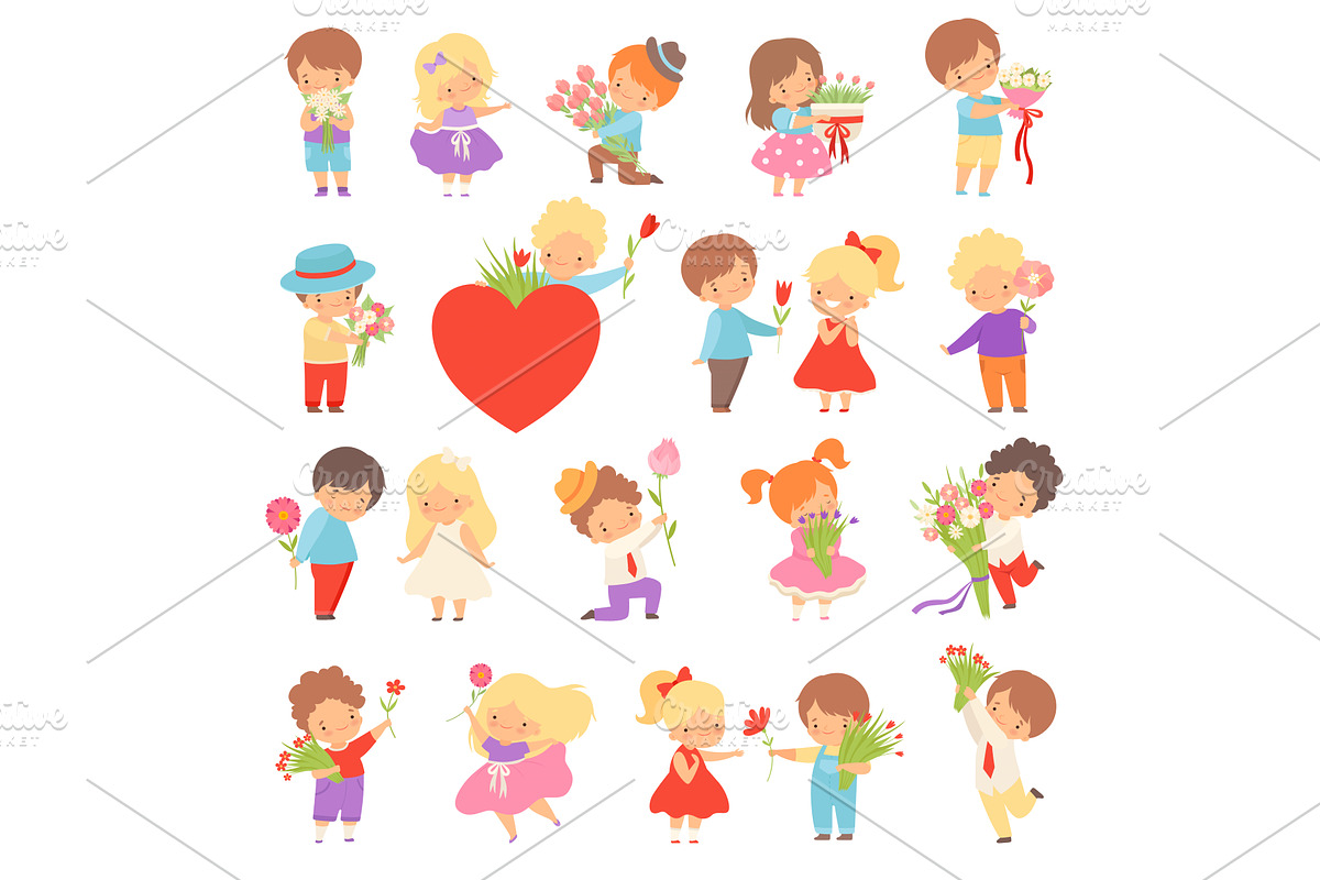 Cute Little Kids Giving Flowers, a Person Illustration by TopVectors