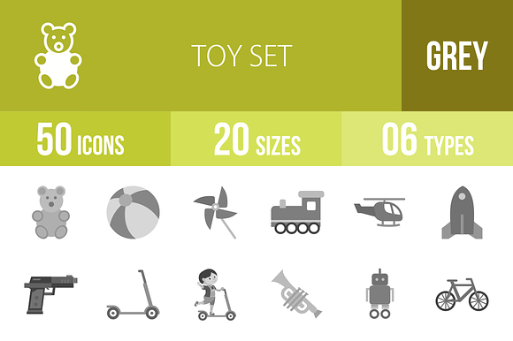 50 Toy Set Greyscale Icons