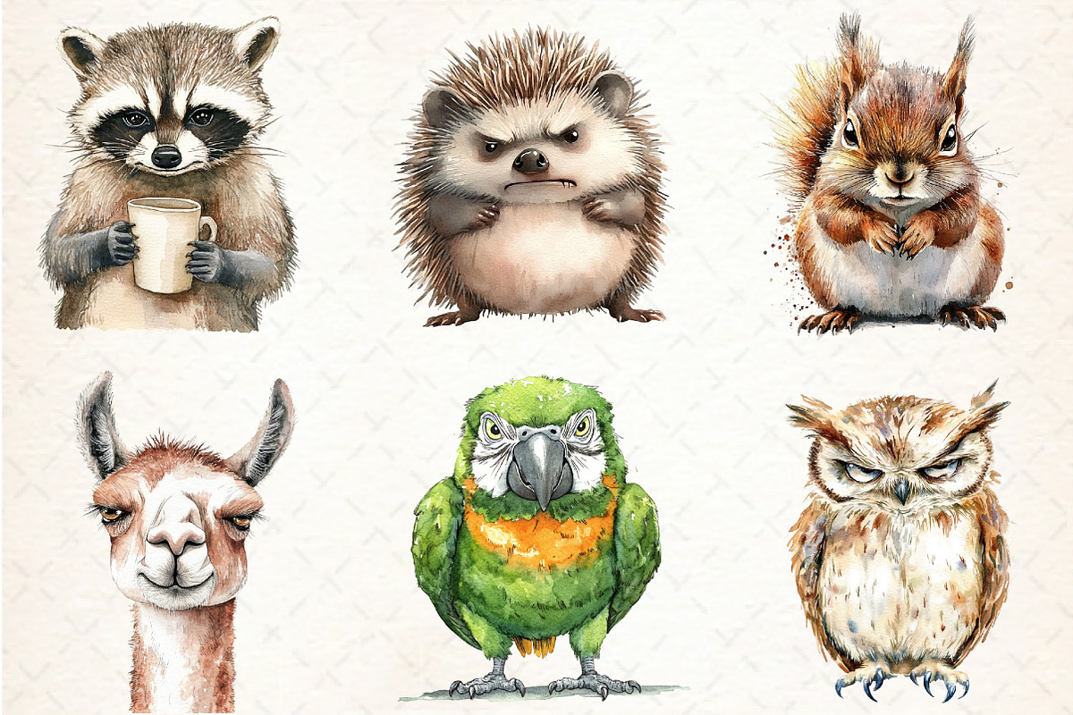 Watercolor Grumpy Animals Clipart, an Illustration by Libby Wishes (Photo 5 of 6)