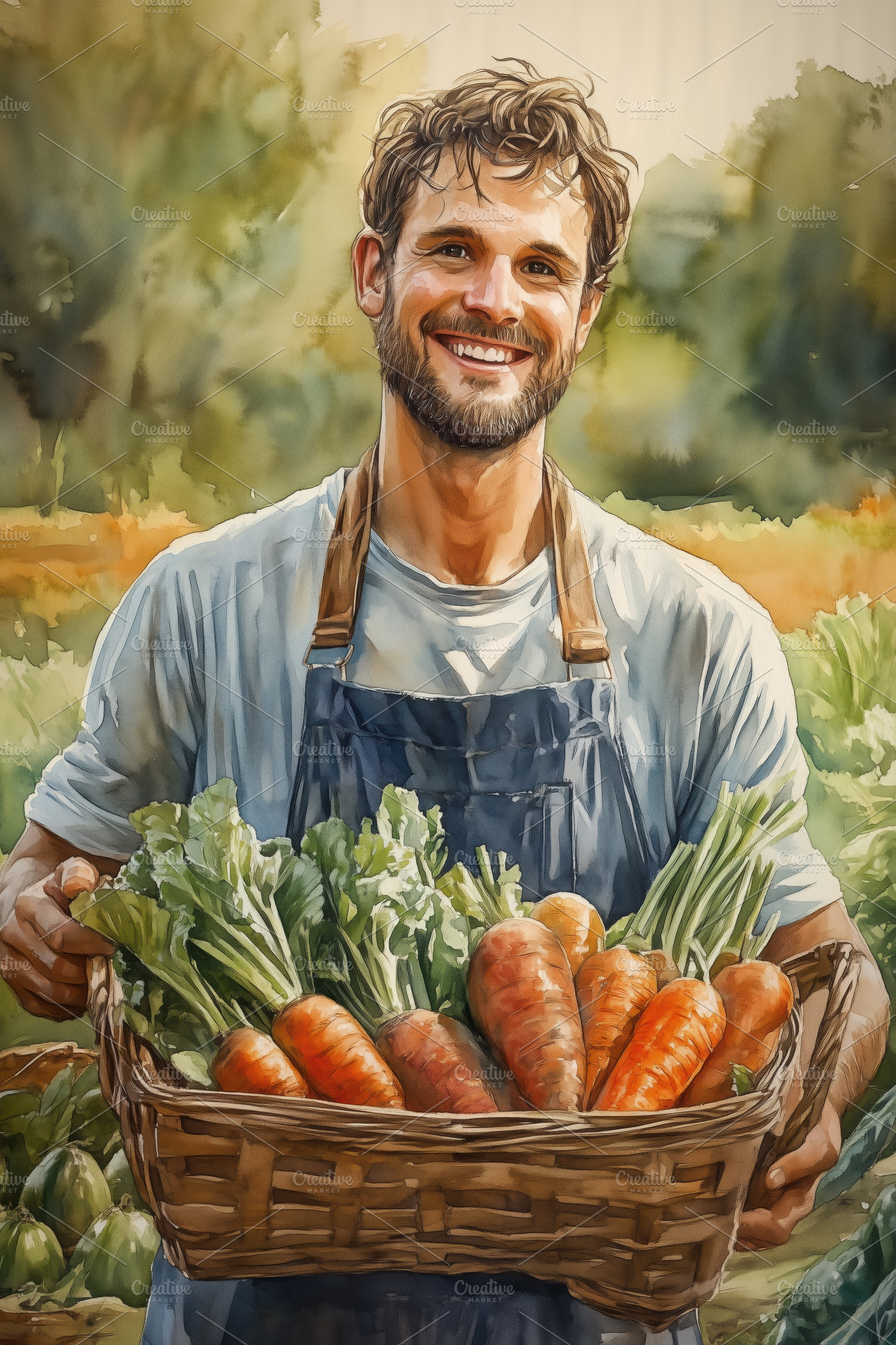 A smiling man holding a basket filled with fresh carrots and greens, standing i, a Person Photo by Textures & Backgrounds