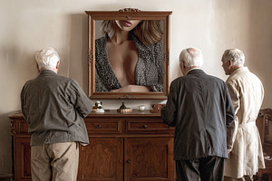 Three old men watching seductive woman portrait in antique room, a Person Photo by DanFLCreativo