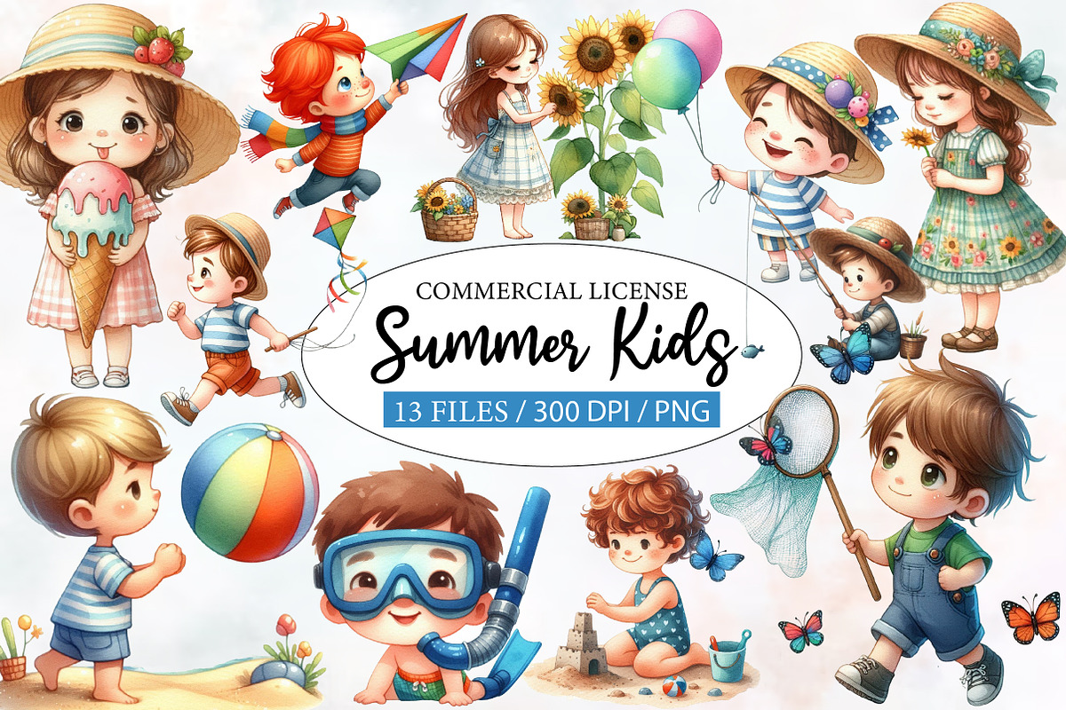 Summer Kids Watercolor Clipart, an Illustration by Designworld (Photo 1 of 4)