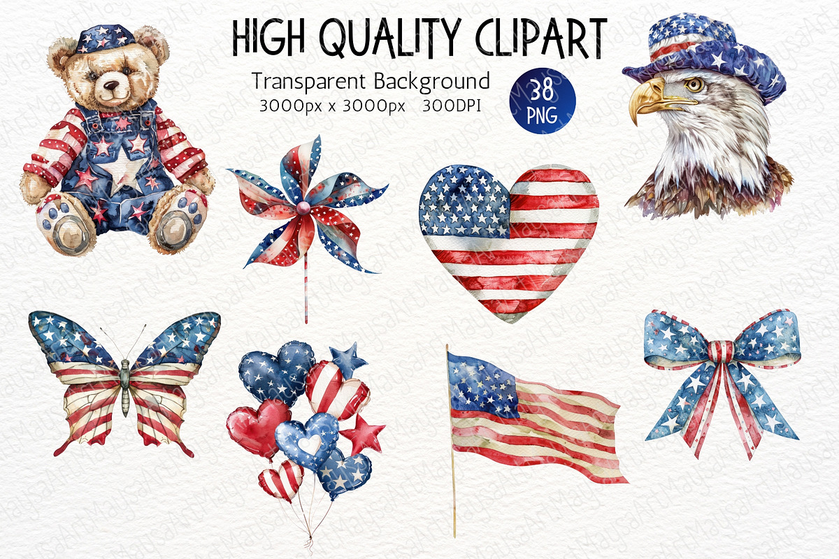 4th of July Watercolor Clipart PNG, a Decorative Illustration by Maysa Art (Photo 3 of 5)