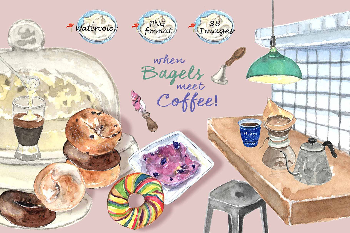 Bagels & Coffee-Watercolor Clipart, a Food Illustration by VianneArt (Photo 1 of 6)