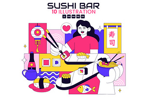 10 Sushi Bar Illustration, a Food Illustration by denayunebgt