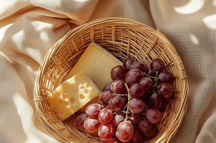 Fresh grapes and cheese in a basket, a Food & Drink Photo by Beautiful things