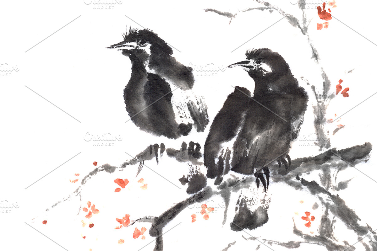 Two crows sumi-e painting, a Background Graphic by Quetzal Art (Photo 2 of 4)