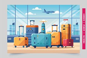 Suitcases airport window airplane, an Illustration by Tanuart