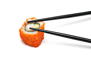Single japan sushi roll and chopsticks, a Photo by saiko3p