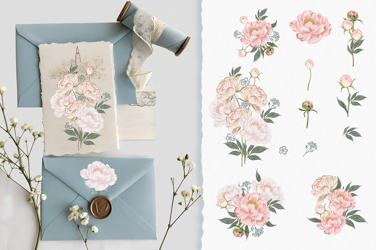 Pink peony vector patterns, a Decorative Illustration by FleurArt (Photo 3 of 7)