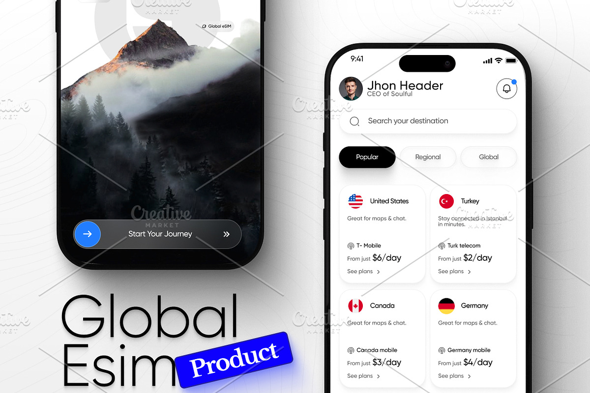 Global Esim App Product Ui Kit, an App Template by Soulfuldesignstudio (Photo 1 of 9)