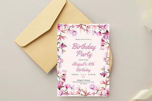Pink Floral Birthday Invitation, a Print Template by SweetDesigncraft