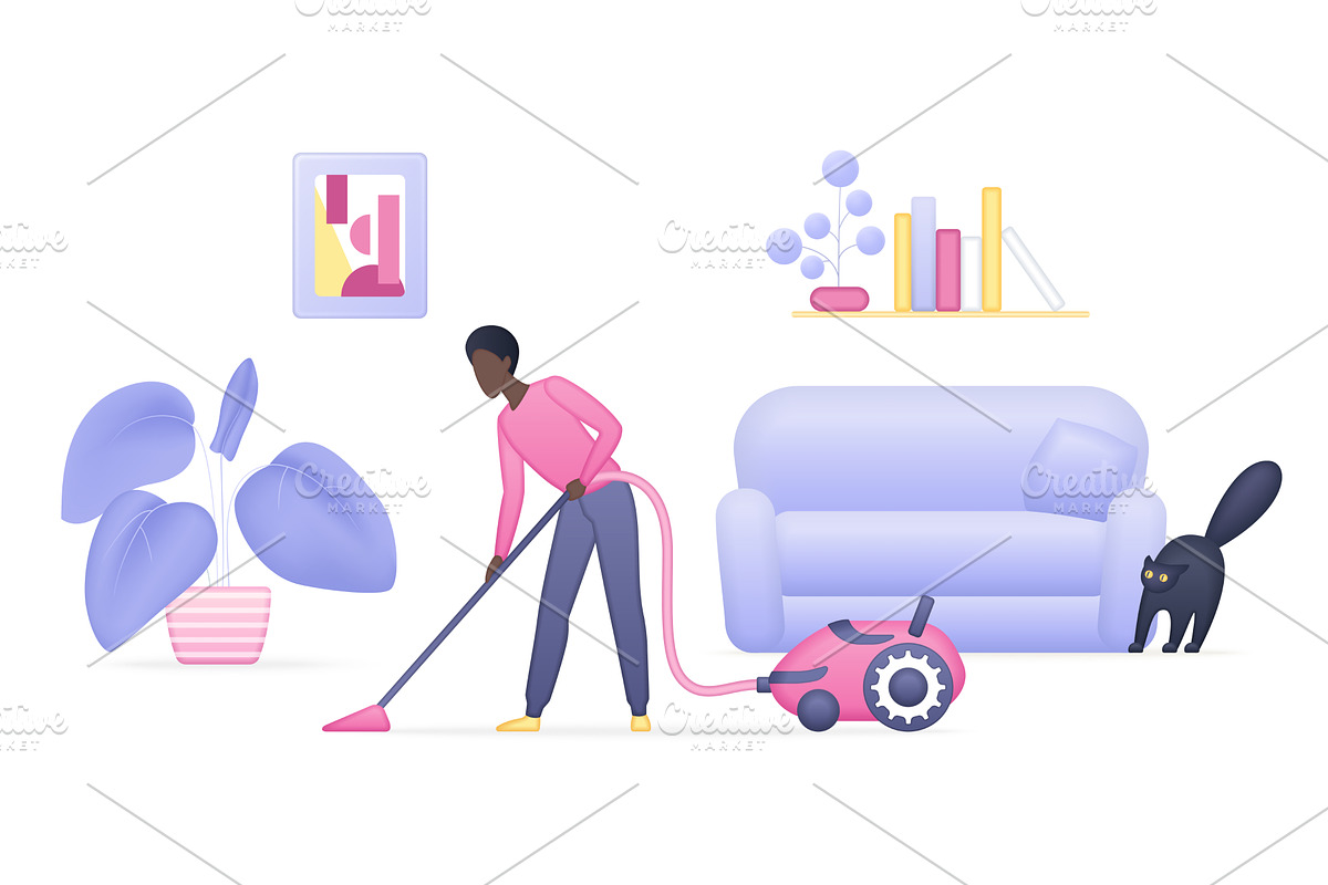Person vacuuming living room modern, an Object Illustration by Lemberg Vector