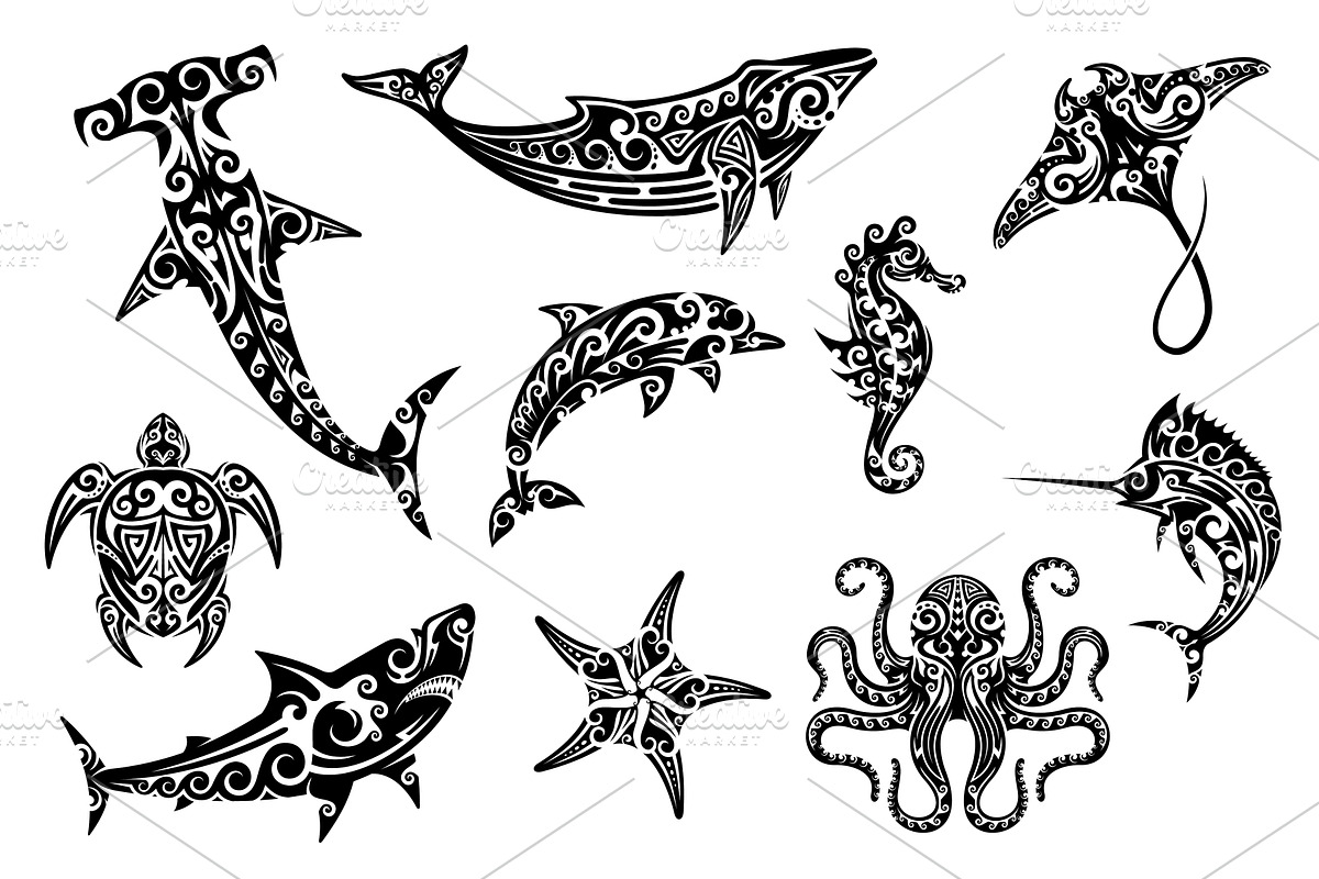 Maori tribal animal tattoo set, an Animal Illustration by Vector Tradition