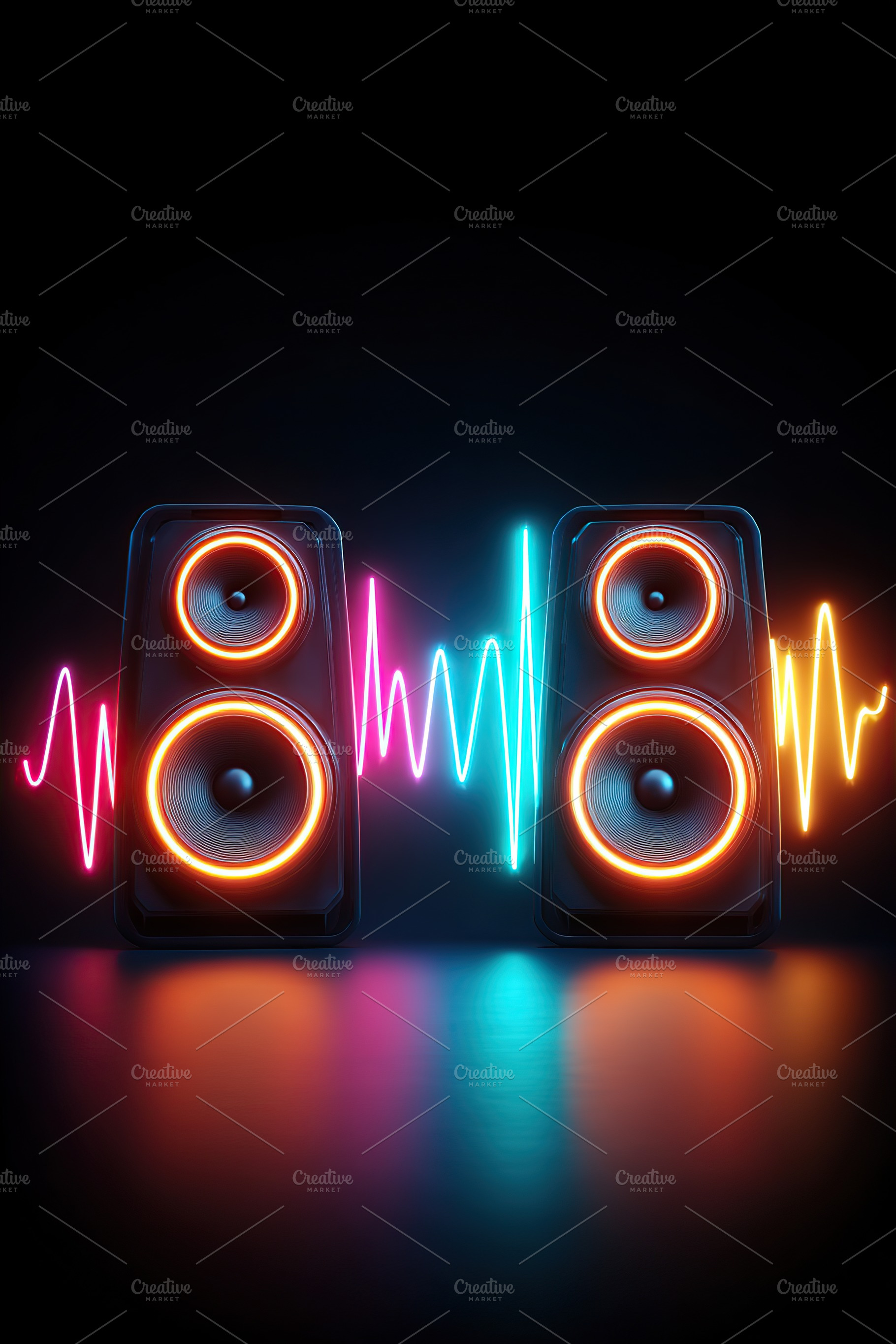Sound pulses create vibrant arcs between two illuminated speakers at night, a Background Photo by AlyaAnd