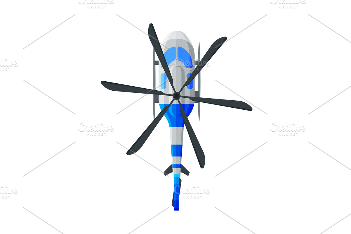 Flying White and Blue Helicopter, a Transportation Illustration by TopVectors