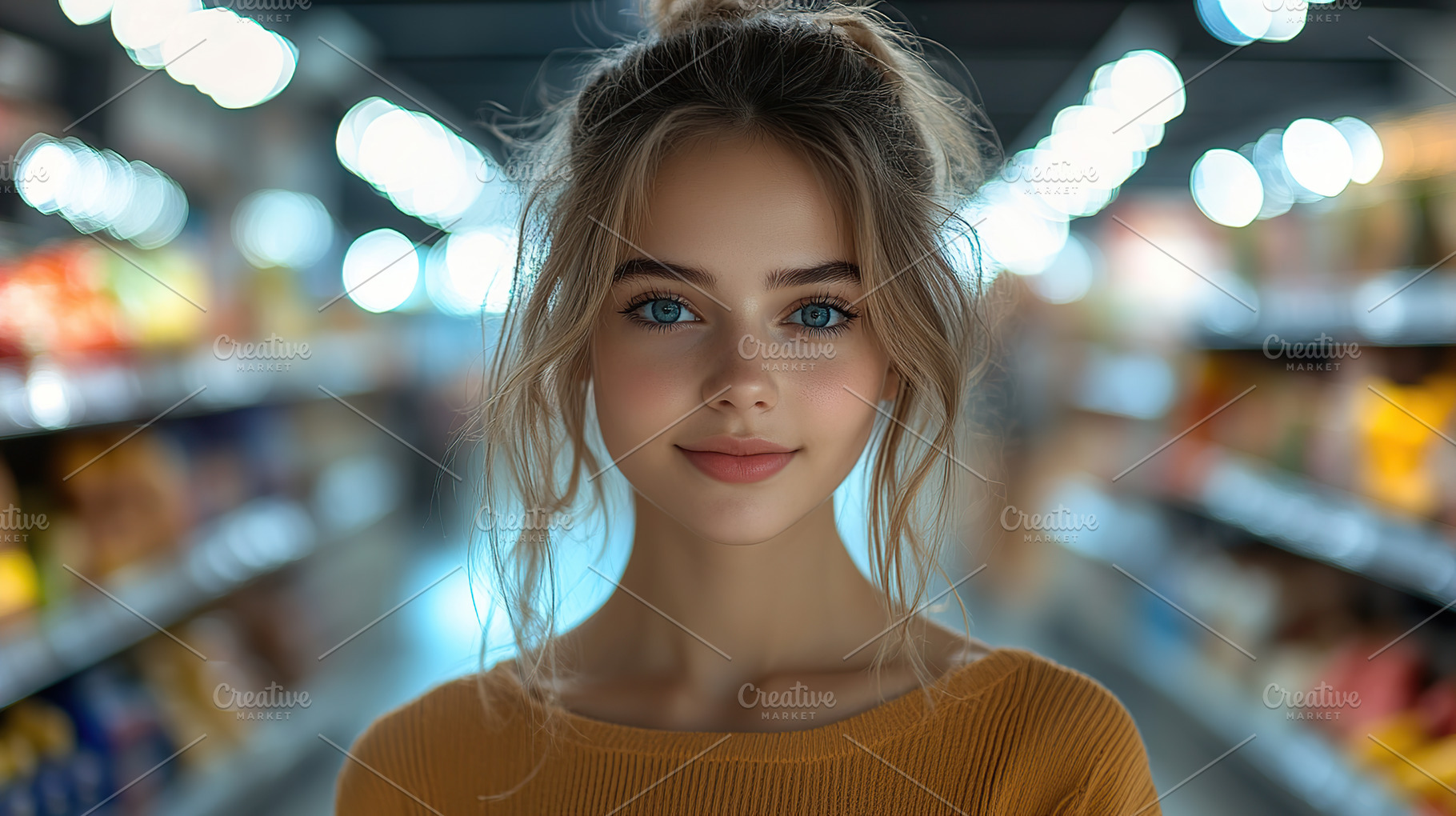 Portrait of young woman in supermarket, a Person Photo by AlyaAnd