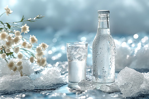 A refreshing glass and bottle of chilled water with ice, surrounded by delicate, a Business Photo by ImageMir