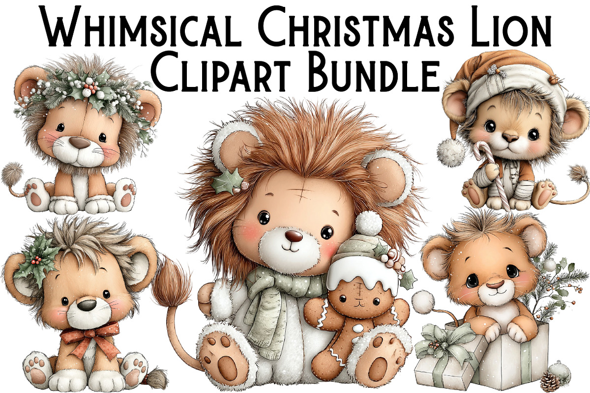Whimsical Christmas Lion Clipart, an Illustration by Pixels.Craft (Photo 1 of 6)