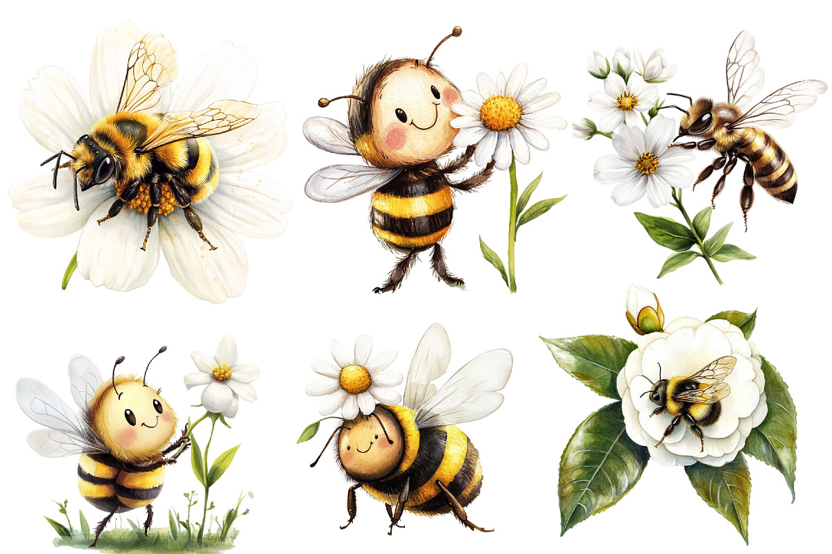 Cute Little Bees Watercolor Clipart, an Illustration by Designworld (Photo 3 of 6)