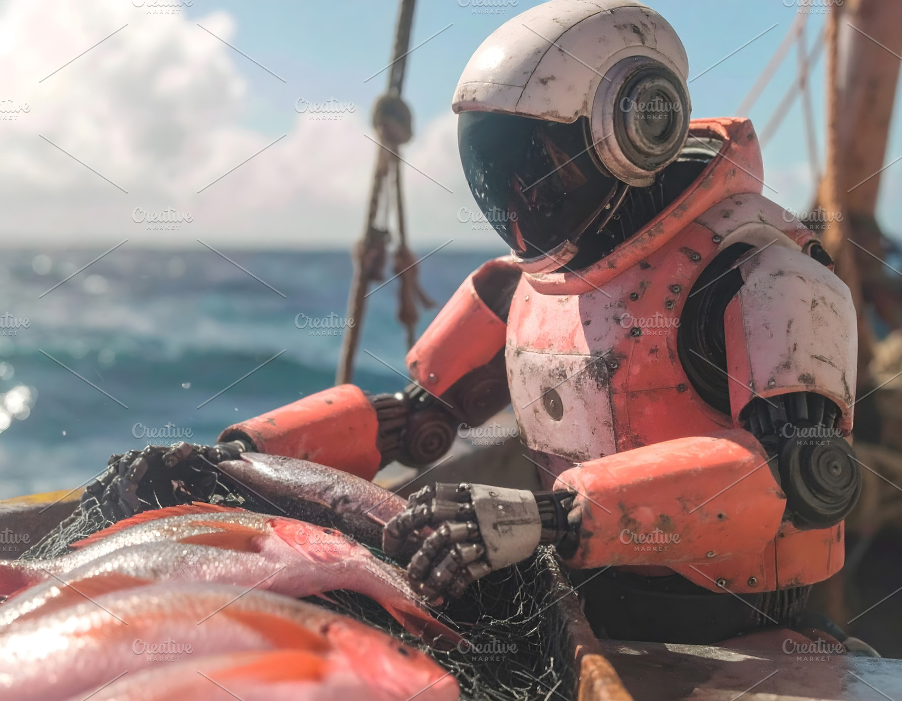 Weathered robot fisherman handling fresh fish on ocean boat, an Industrial Photo by GoodGoods