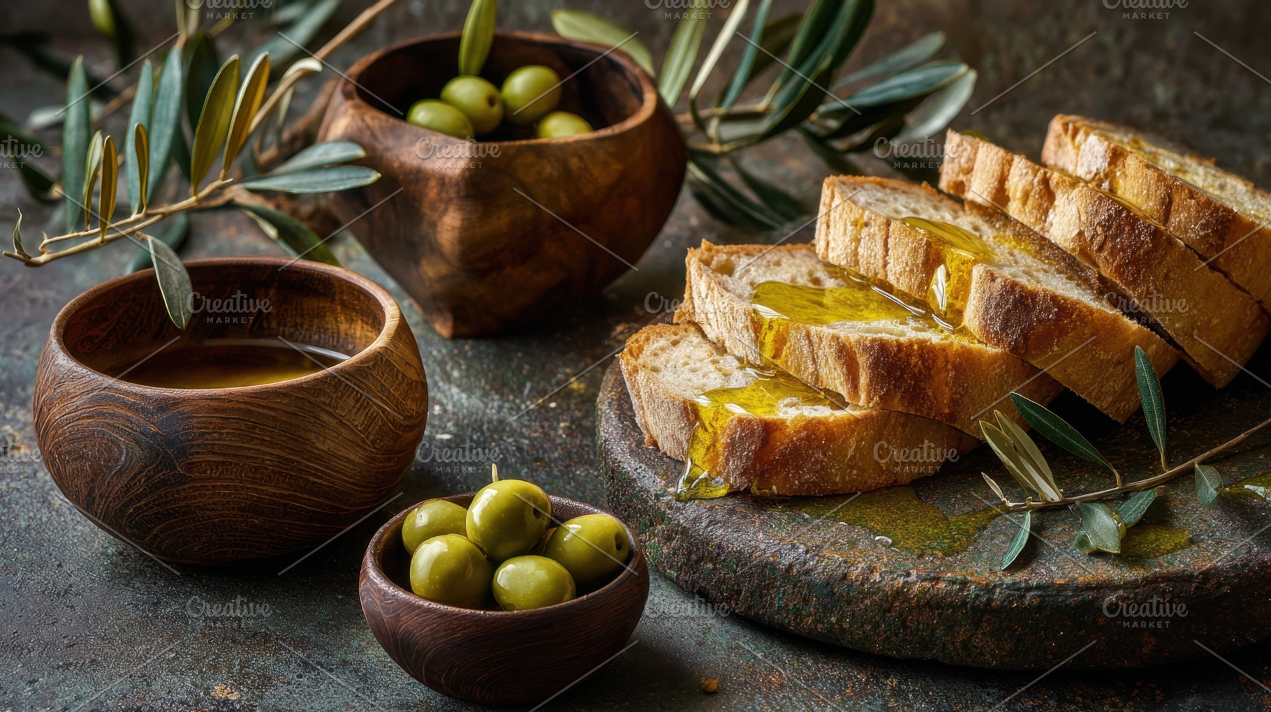 Bread and olives on a table with oil, a Photo by Beautiful things
