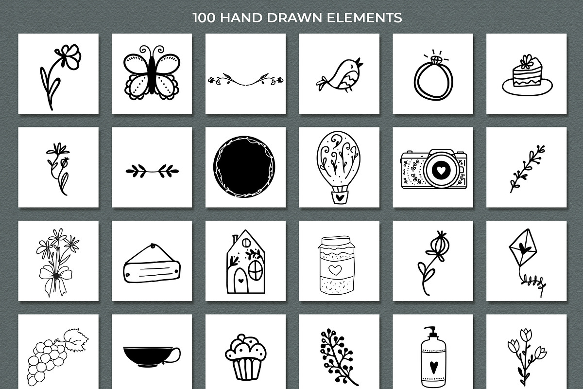 100 hand drawn elements + logo, a Work Illustration by Cozy pattern shop (Photo 4 of 7)