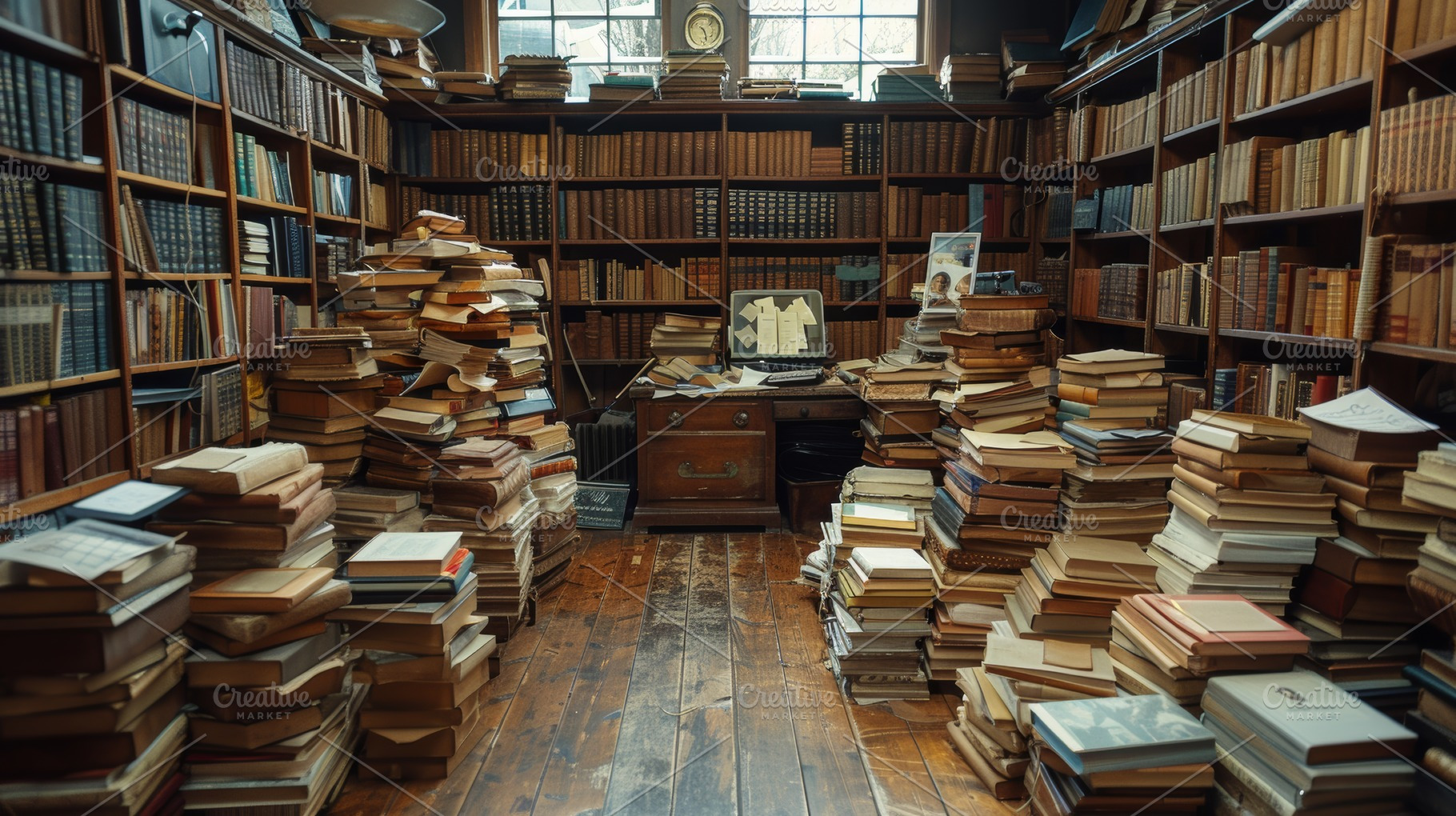 Stacks of old books filling a cozy library space, a Photo by AS photostudio