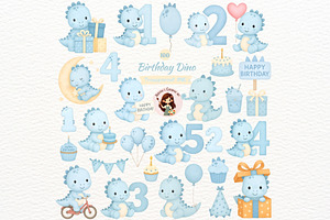 Blue Birthday Dino Clipart Set, an Illustration by Nicolle's Colorful Art