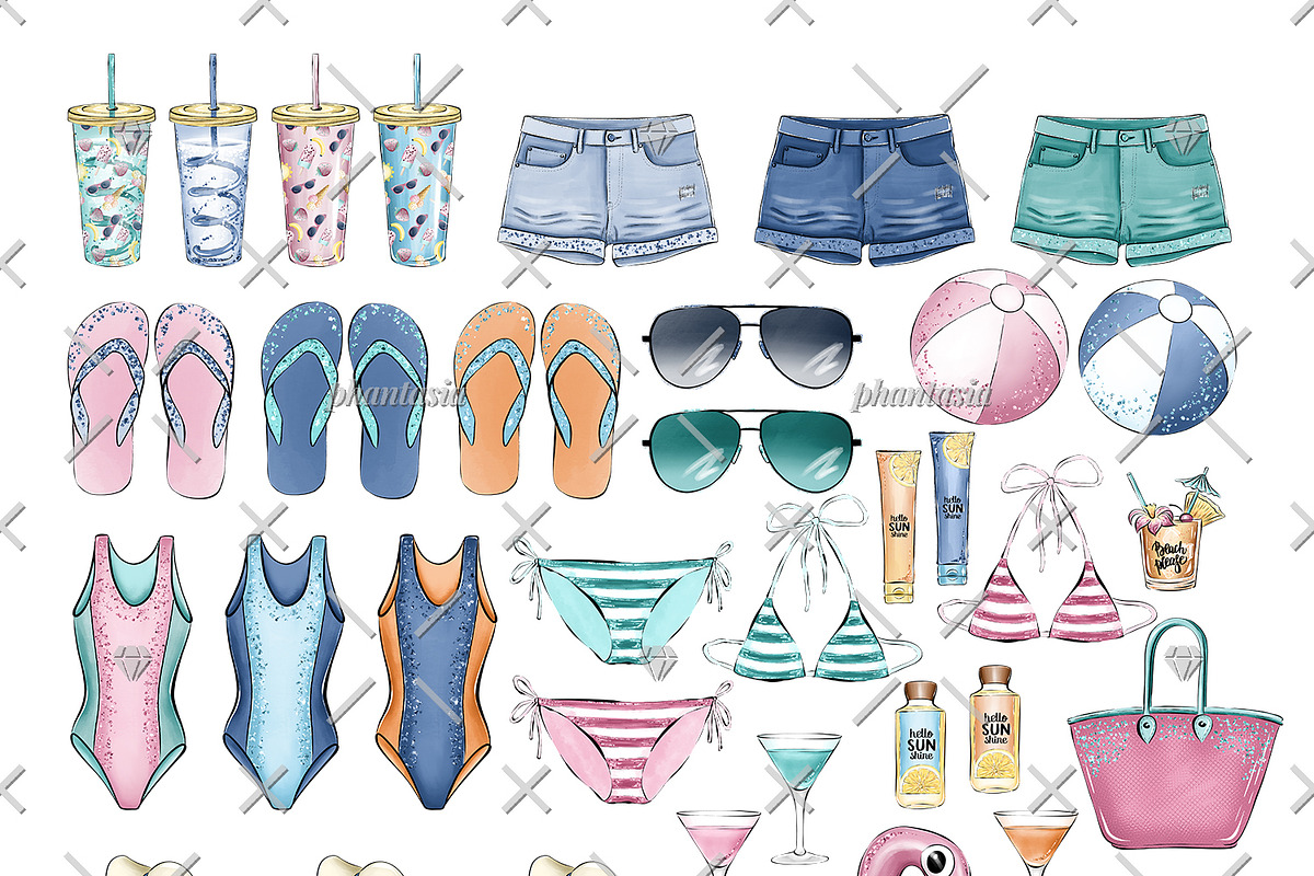 Poolside Watercolor Cliparts, an Illustration by Phantasia Design (Photo 2 of 8)