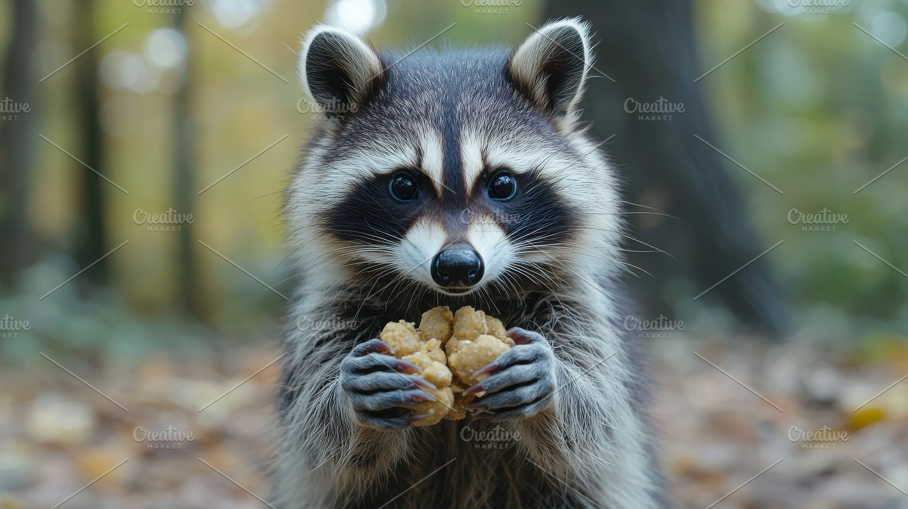 Raccoon holding food with cute expre, an Animal Photo by Pixeness Studio