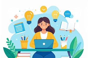 Student at a desk with a laptop with icons representing knowledg, an Education Illustration by DanFLCreativo
