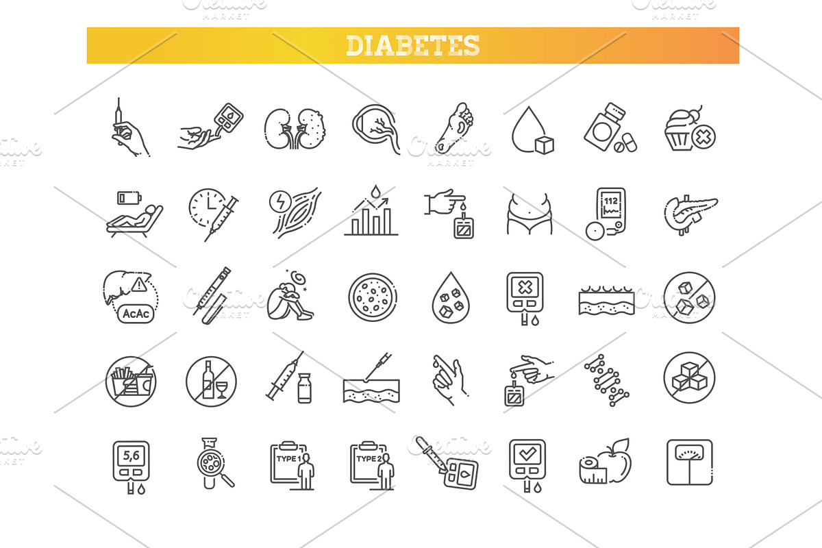 Diabetes thin line icons set, an Icon by Tettygreen
