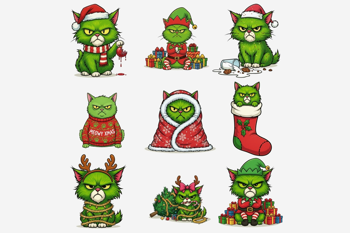 Green Angry Grumpy Christmas Cats, an Animal Illustration by Tanya Kart (Photo 6 of 11)