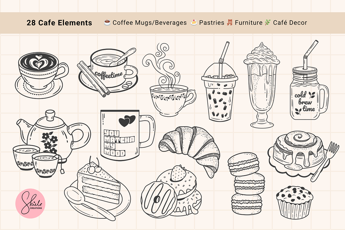 Cozy Cafe Line Art | Coffee Cliparts, a Food Illustration by shielscreations (Photo 2 of 4)