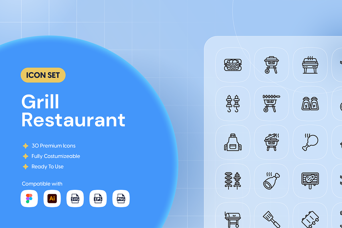 Grill Restaurant Icon Set, an Outline Icon by Nathaya Studio (Photo 1 of 2)