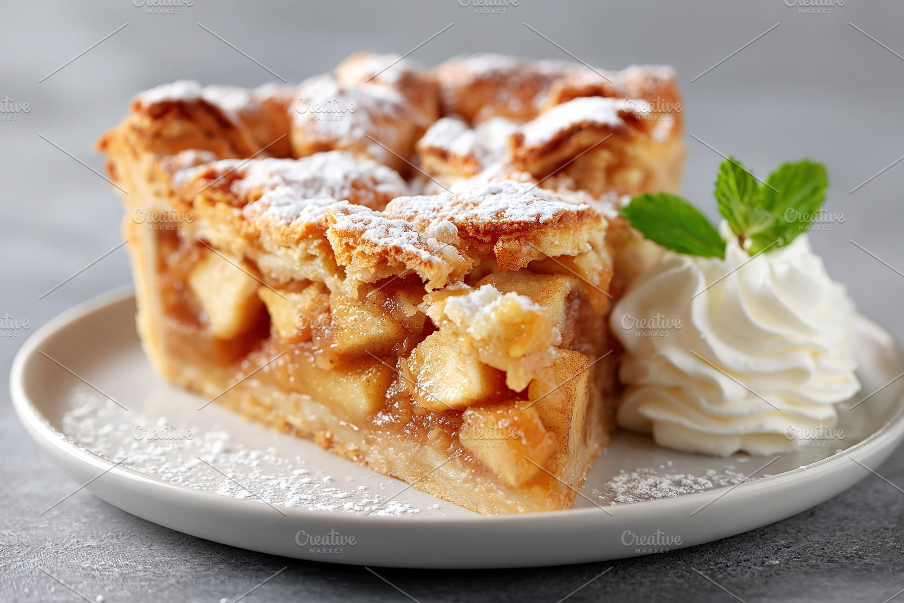 Delicious apple pie slice served with whipped cream and mint leaf on a white pl, a Food & Drink Photo by AlyaAnd