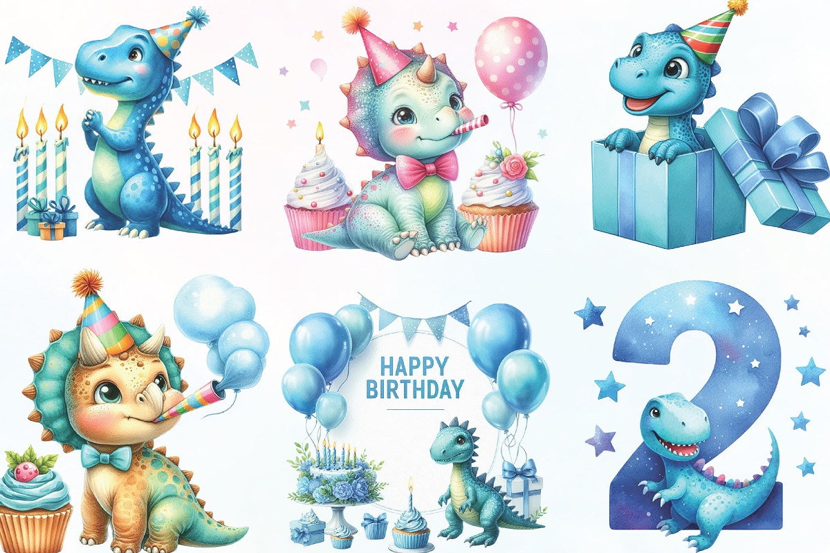 Blue Dinosaur Birthday PNG, an Illustration by CraftArtStudio (Photo 2 of 6)