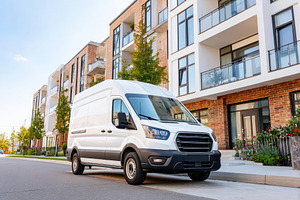 White delivery van in urban residential area, a Transportation Photo by AlyaAnd
