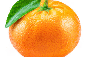 Ripe tangerine fruit with green leaf isolated on a white backgro, a Food & Drink Photo by Volff