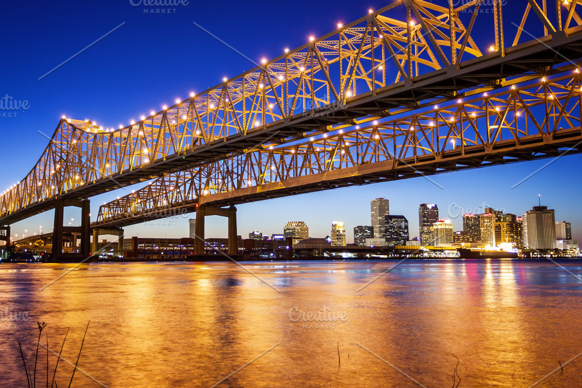 New Orleans City Skyline  & Crescent City Connection Bridge at Night, a Photo by CrackerClips Stock Media (Photo 2 of 2)