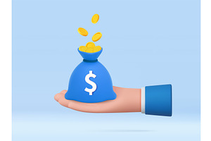 3D hand holding blue money bag, a Finance Illustration by ModVector