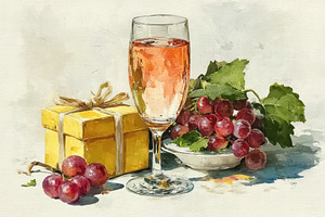 Still life with grapes, wine glass, and yellow gift box on white, a Holiday Photo by José Manuel Gelpi