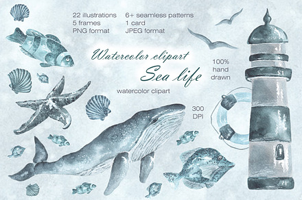 Sea life watercolor set. Nautical., an Illustration by SabinaWatercolorArt