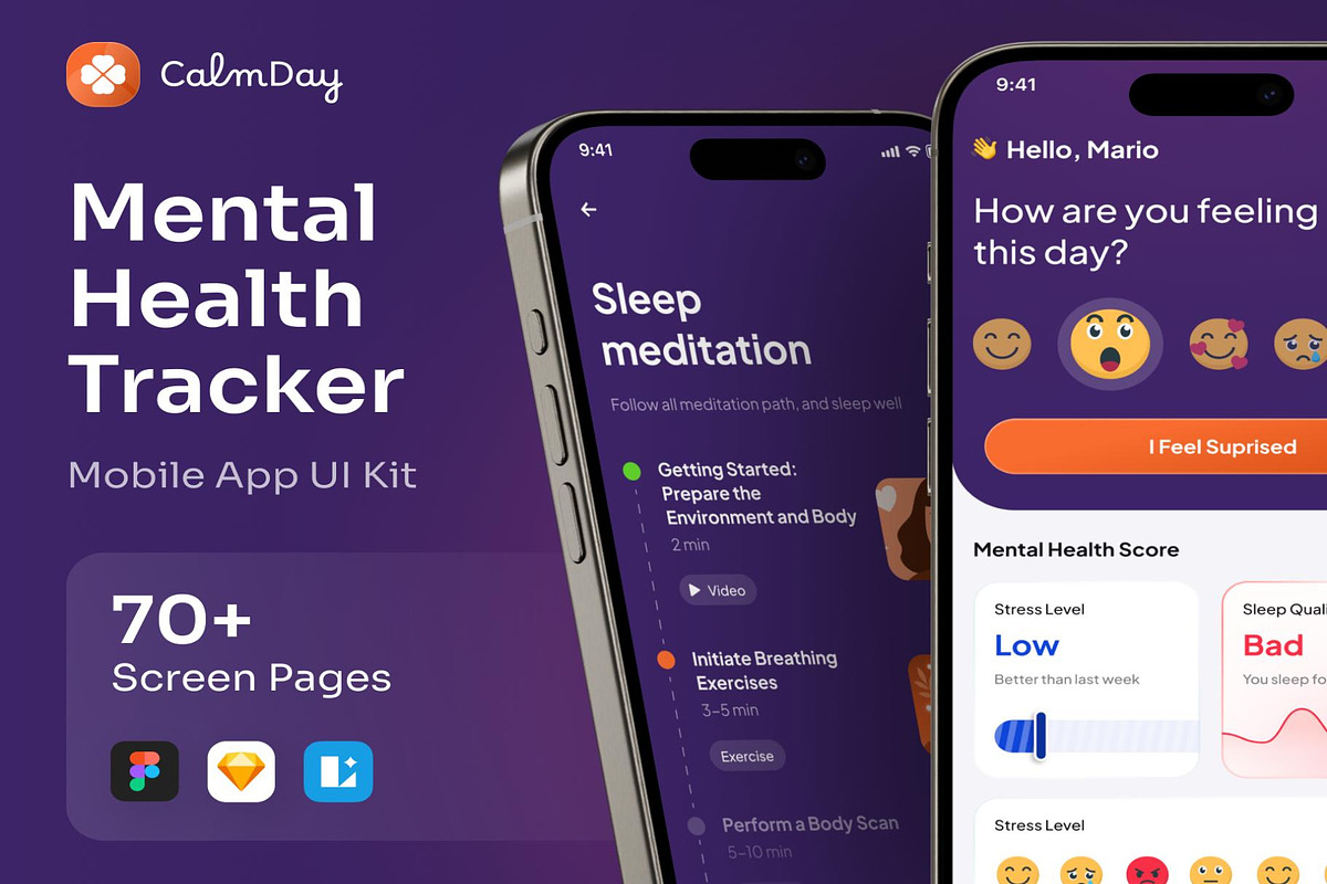 CalmDay Mental Health Tracker Mobile, an UI Kit Template by Lumina_ui_ux202 (Photo 1 of 10)